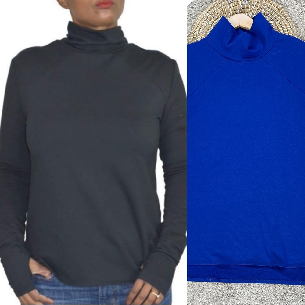 K-Deer Women’s Pullover Mock Neck Shirt Top Longsleeve Thumbholes in Blue 2XL